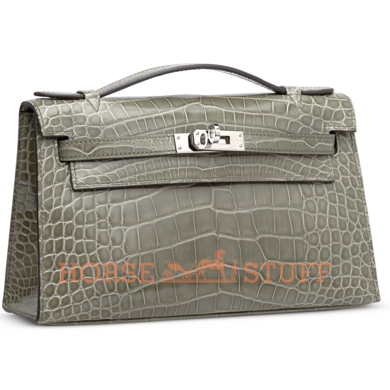 Hermès Kelly Pochette Clutch Gris Tourterelle Lisse Crocodile Alligator PHW