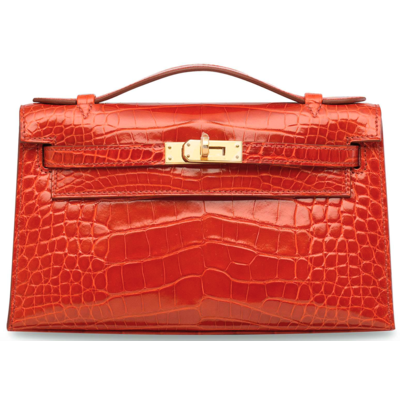 Hermès Kelly Pochette Clutch Orange Poppy Lisse Crocodile Alligator GHW