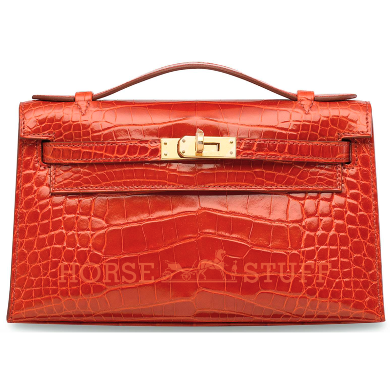 Hermès Kelly Pochette Clutch Orange Poppy Lisse Crocodile Alligator GHW