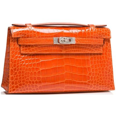 Hermès Kelly Pochette Clutch Orange Lisse Crocodile Alligator PHW