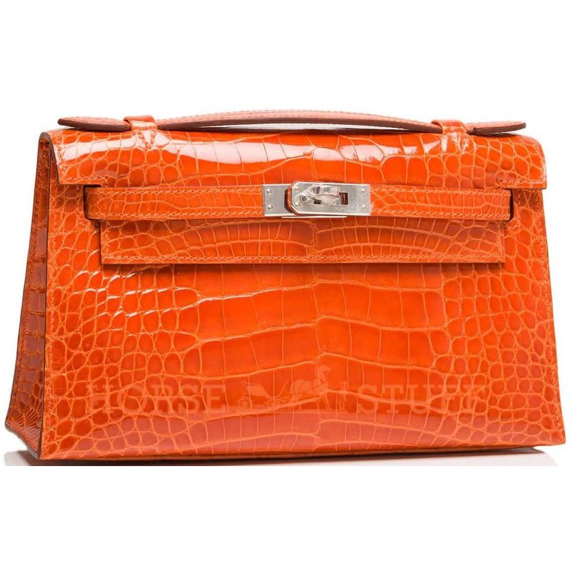 Hermès Kelly Pochette Clutch Orange Lisse Crocodile Alligator PHW