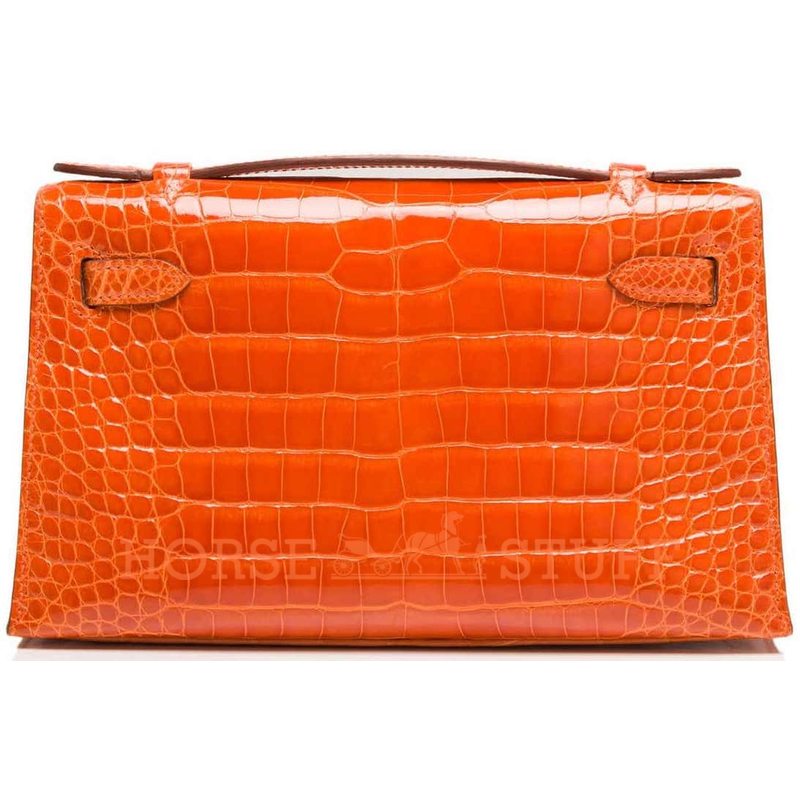 Hermès Kelly Pochette Clutch Orange Lisse Crocodile Alligator PHW