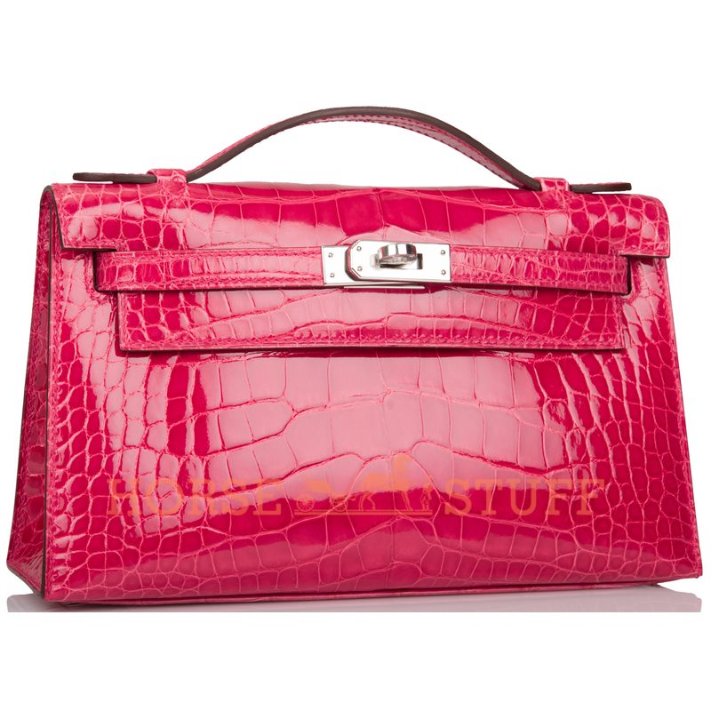 Hermès Kelly Pochette Clutch Rose Extreme Lisse Crocodile Alligator PHW