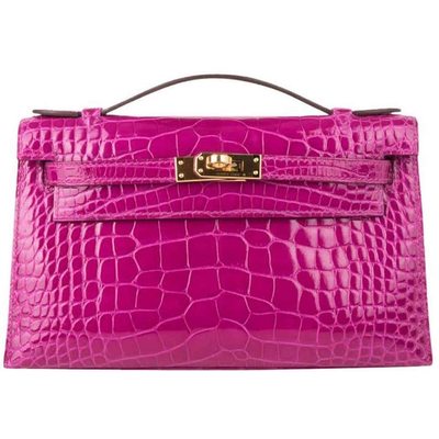 Hermès Kelly Pochette Clutch Rose Scheherazade Lisse Crocodile Alligator GHW