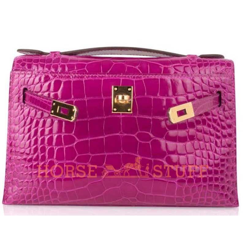 Hermès Kelly Pochette Clutch Rose Scheherazade Lisse Crocodile Alligator GHW