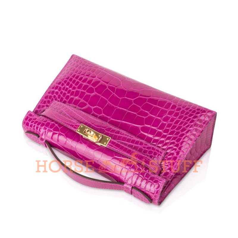 Hermès Kelly Pochette Clutch Rose Scheherazade Lisse Crocodile Alligator GHW