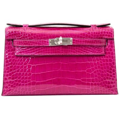 Hermès Kelly Pochette Clutch Rose Scheherazade Lisse Crocodile Alligator PHW