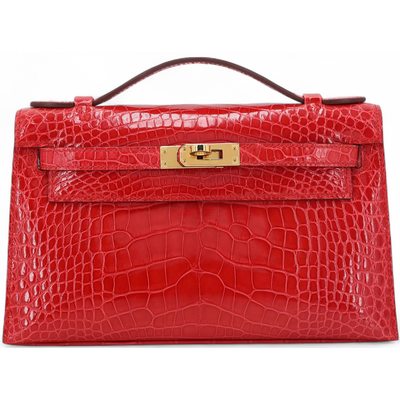 Hermès Kelly Pochette Clutch Rouge de Coeur Shiny Crocodile Alligator GHW