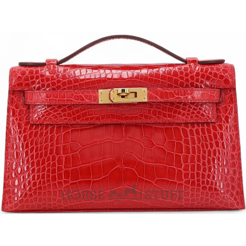 Hermès Kelly Pochette Clutch Rouge de Coeur Shiny Crocodile Alligator GHW