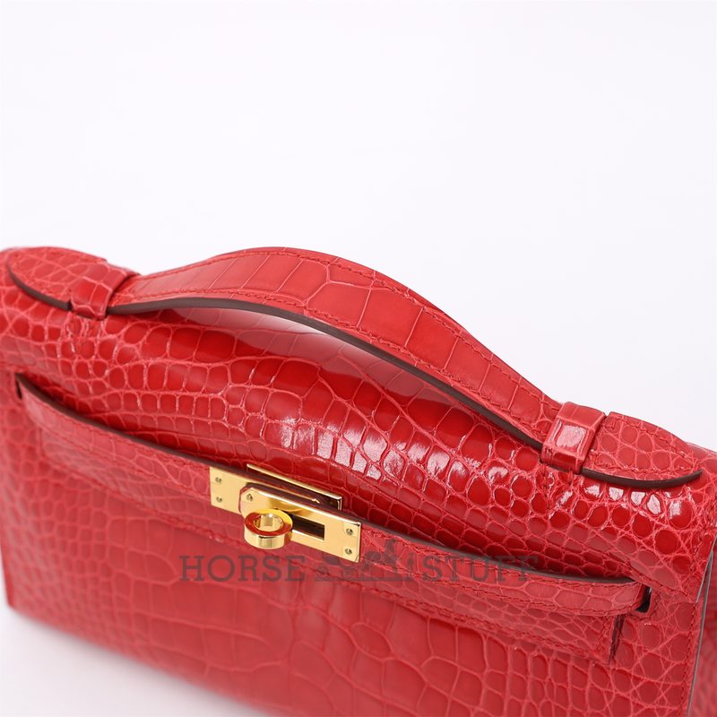 Hermès Kelly Pochette Clutch Rouge de Coeur Shiny Crocodile Alligator GHW
