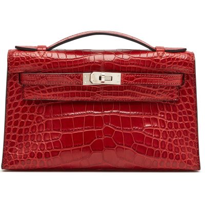 Hermes Kelly Pochette Clutch Rouge H Matte Crocodile Alligator PHW