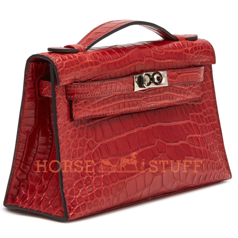 Hermes Kelly Pochette Clutch Rouge H Matte Crocodile Alligator PHW