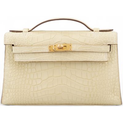 Hermès Kelly Pochette Clutch Vanilla Matte Crocodile Alligator GHW