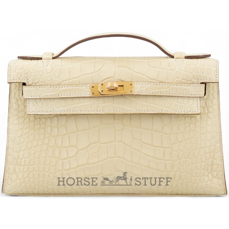 Hermès Kelly Pochette Clutch Vanilla Matte Crocodile Alligator GHW