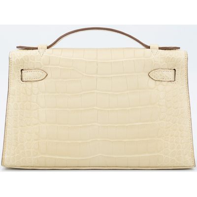 Hermès Kelly Pochette Clutch Vanilla Matte Crocodile Alligator GHW