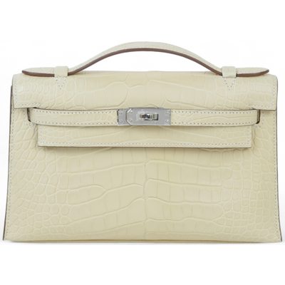 Hermès Kelly Pochette Clutch Vanilla Matte Crocodile Alligator PHW