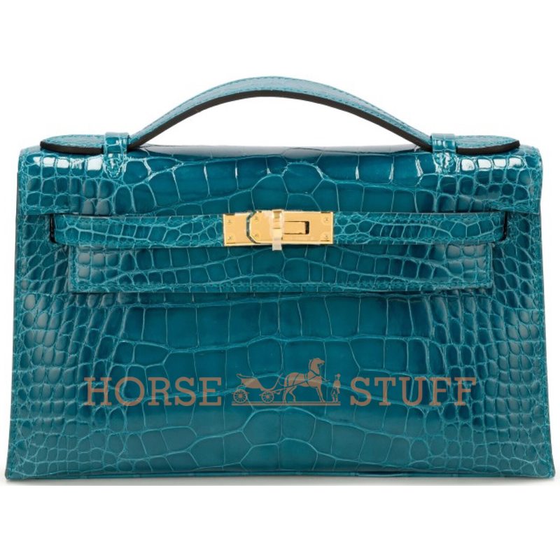 Hermès Kelly Pochette Clutch Vert Bosphore Lisse Crocodile Alligator GHW