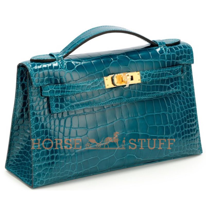 Hermès Kelly Pochette Clutch Vert Bosphore Lisse Crocodile Alligator GHW