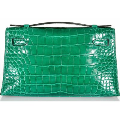 Hermes Kelly Pochette Clutch Vert Emerald Lisse Crocodile Alligator GHW