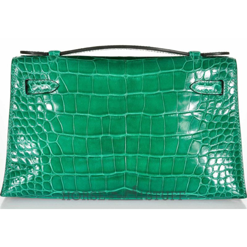 Hermes Kelly Pochette Clutch Vert Emerald Lisse Crocodile Alligator GHW