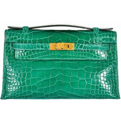 Hermes Kelly Pochette Clutch Vert Emerald Lisse Crocodile Alligator GHW