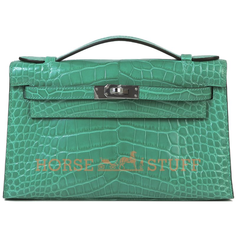 Hermes Kelly Pochette Clutch Vert Jade Lisse Crocodile Alligator PHW