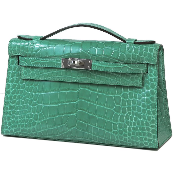 Hermes Kelly Pochette Clutch Vert Jade Lisse Crocodile Alligator PHW from  100% authentic materials!