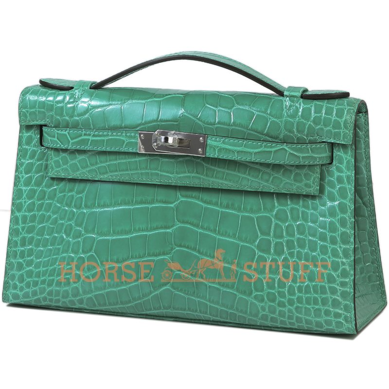 Hermes Kelly Pochette Clutch Vert Jade Lisse Crocodile Alligator PHW