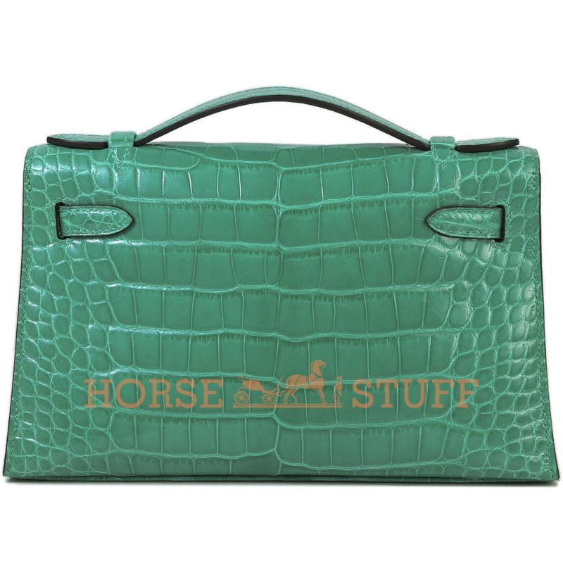 Hermes Kelly Pochette Clutch Vert Jade Lisse Crocodile Alligator PHW