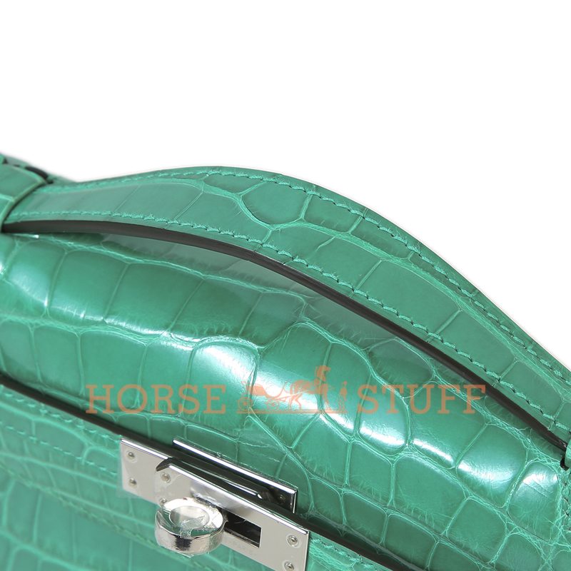 Hermes Kelly Pochette Clutch Vert Jade Lisse Crocodile Alligator PHW