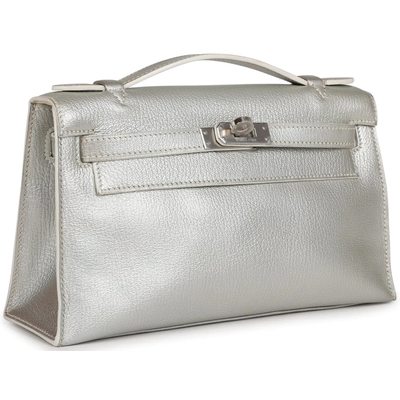 Hermès Kelly Pochette Exceptional Super Rare Argente ( Metallic Silver ) Chèvre Mysore PHW