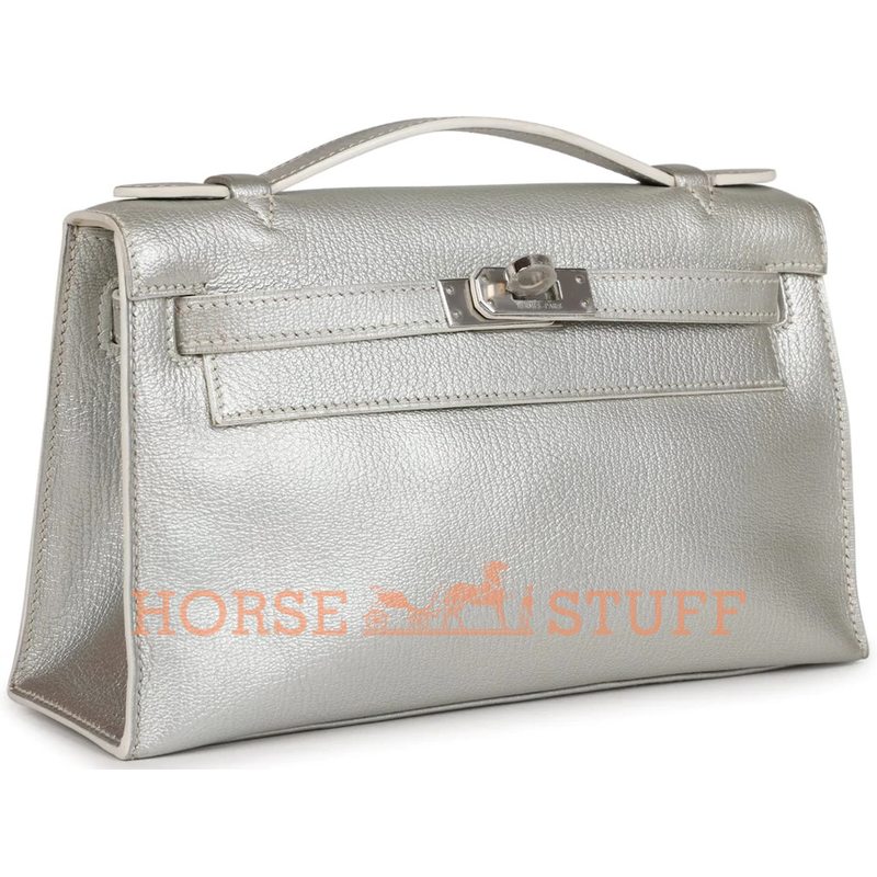 Hermès Kelly Pochette Exceptional Super Rare Metallic Silver Chèvre Mysore PHW