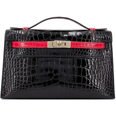 HERMÈS KELLY POCHETTE CLUTCH SPECIAL ORDER HSS  Black / Geranium Shiny Crocodile Alligator Permabrass HW