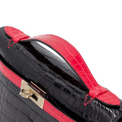 HERMÈS KELLY POCHETTE CLUTCH SPECIAL ORDER HSS  Black / Geranium Shiny Crocodile Alligator Permabrass HW