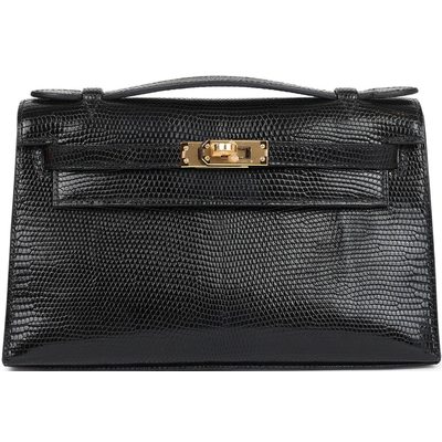 Hermès Kelly Pochette Clutch Black Shiny Niloticus Lizard GHW