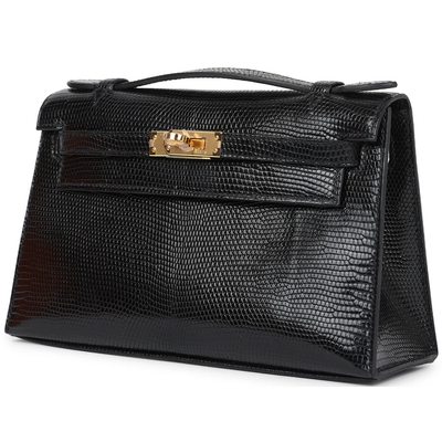 Hermès Kelly Pochette Clutch Black Shiny Niloticus Lizard GHW