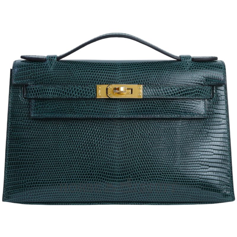 Hermès Kelly Pochette Clutch Vert Cypress Shiny Niloticus Lizard GHW
