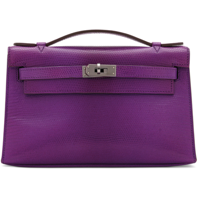 Hermès Kelly Pochette Clutch Violet Shiny Niloticus Lizard PHW