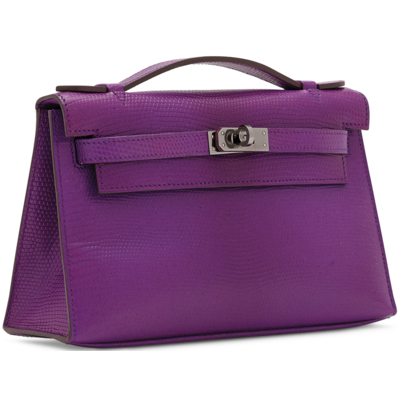 Hermès Kelly Pochette Clutch Violet Shiny Niloticus Lizard PHW