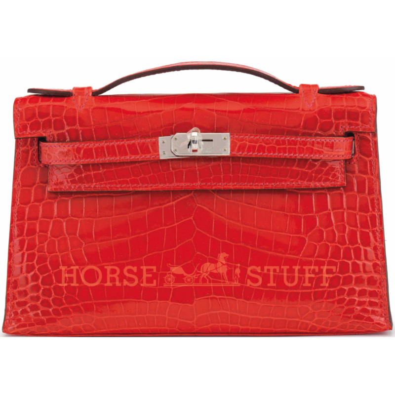 Hermès Kelly Pochette Clutch Geranium Lisse Crocodile Niloticus PHW