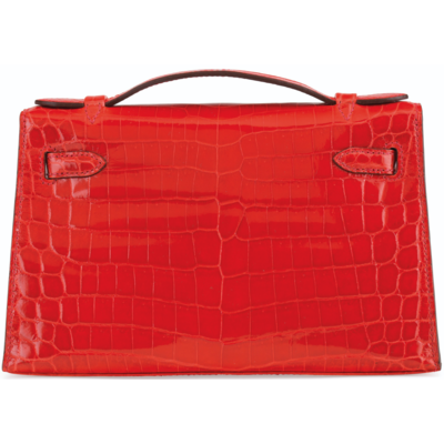Hermès Kelly Pochette Clutch Geranium Lisse Crocodile Niloticus PHW