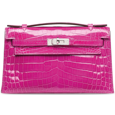 Hermès Kelly Pochette Clutch Rose Pourpre Lisse Crocodile Niloticus PHW