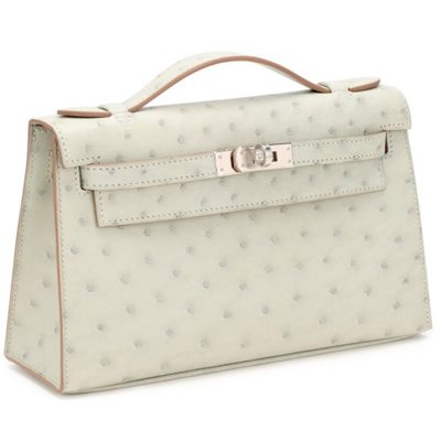 Hermès Kelly Pochette Clutch Gris Perle Ostrich PHW