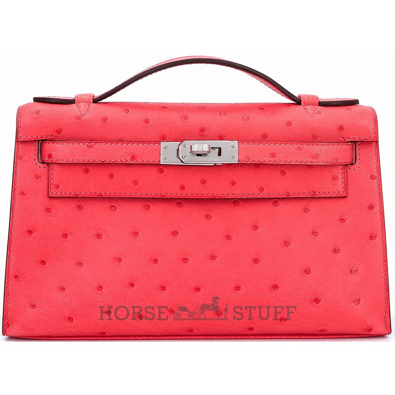 Hermès Kelly Pochette Clutch Rose Texas Ostrich PHW