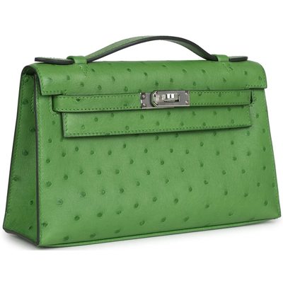 Hermès Kelly Pochette Clutch Vert Yucca Ostrich PHW