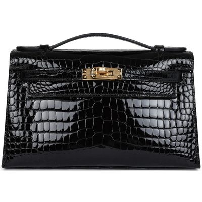 Hermès Kelly Pochette Clutch Black Shiny Crocodile Porosus GHW