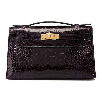 Hermès Kelly Pochette Clutch Aubergine Lisse Crocodile Alligator GHW