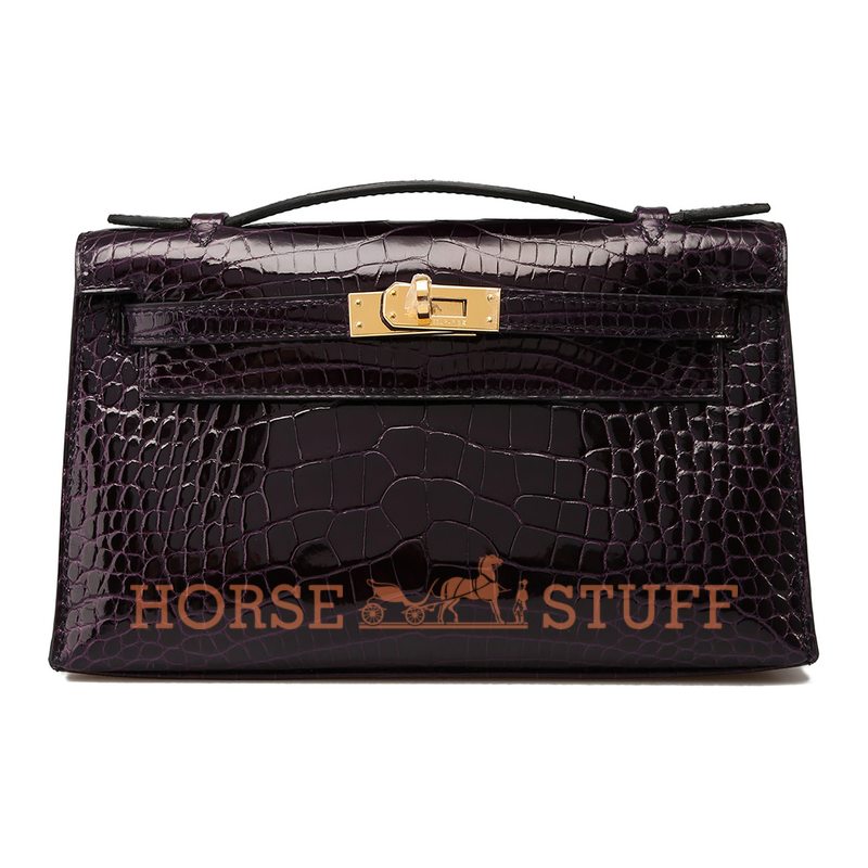 Hermès Kelly Pochette Clutch Aubergine Lisse Crocodile Alligator GHW