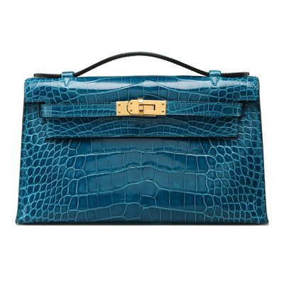 Hermès Kelly Pochette Clutch Blue Izmir Lisse Crocodile Alligator GHW