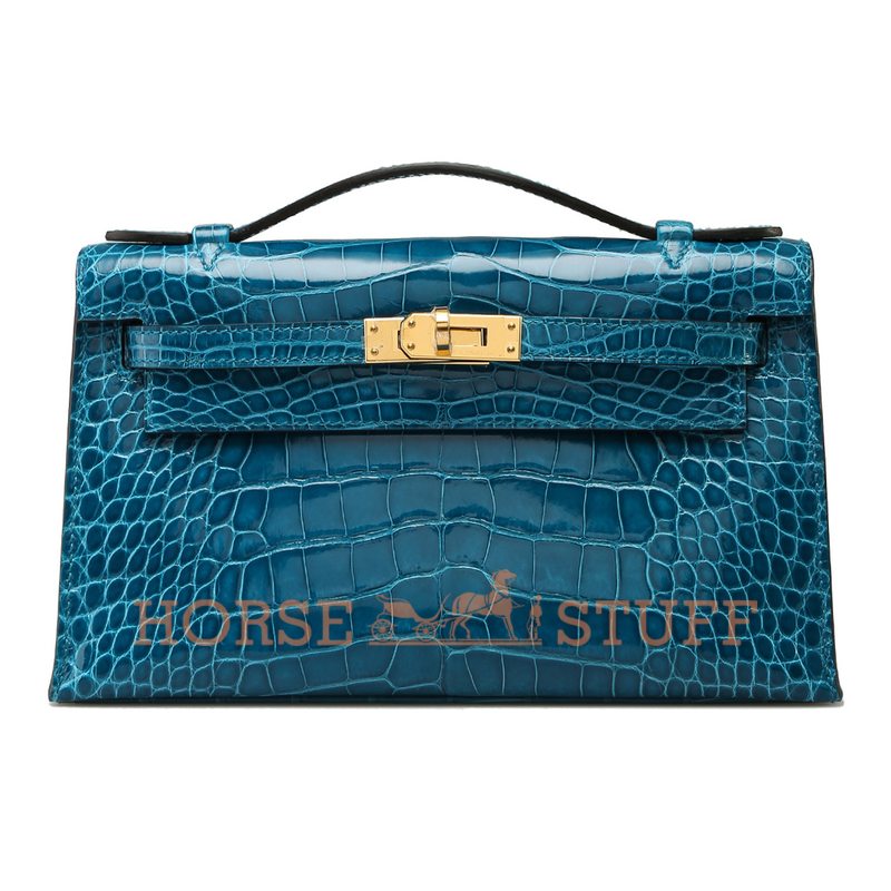 Hermès Kelly Pochette Clutch Blue Izmir Lisse Crocodile Alligator GHW